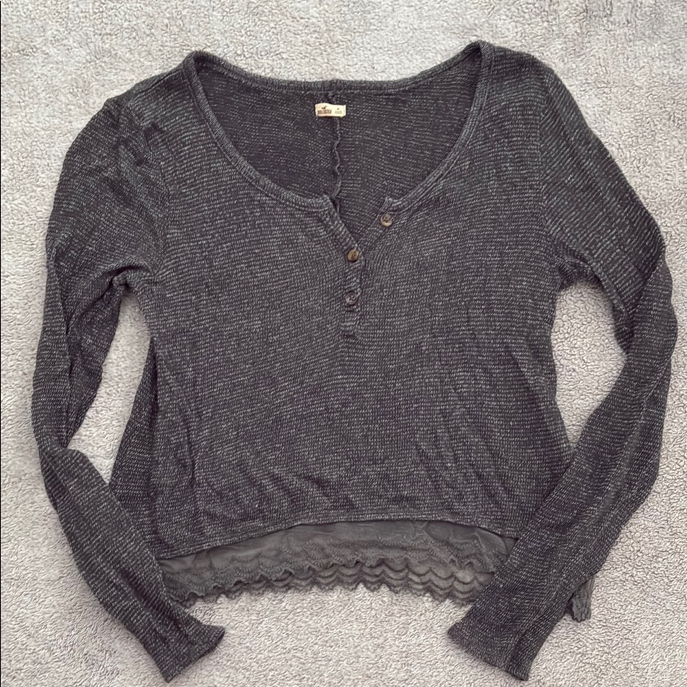 Hollister Y2K Gray Long Sleeve Lace Trim Henley Top